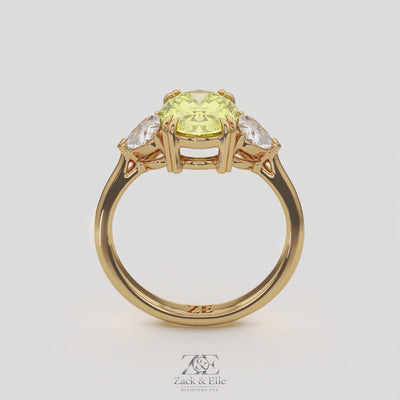 2.40 Ct Fancy Yellow VS2 Oval 3 Stone Ring With Heart Shaped Accents, in white gold, 360 spin