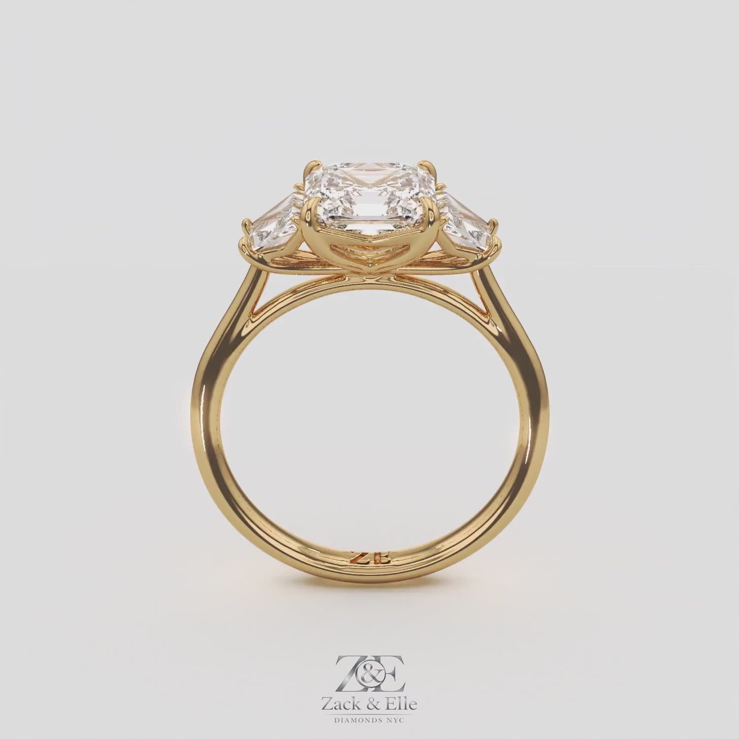 2.50 Ct D VS1 Asscher Cut Three Stone Ring With Step Cut Trapezoid Accents, in white gold, 360 spin