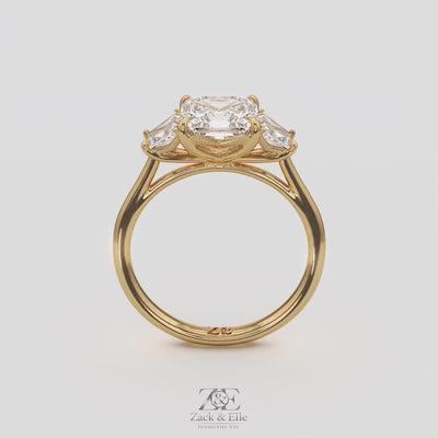 2.50 Ct D VS1 Asscher Cut Three Stone Ring With Step Cut Trapezoid Accents, in white gold, 360 spin