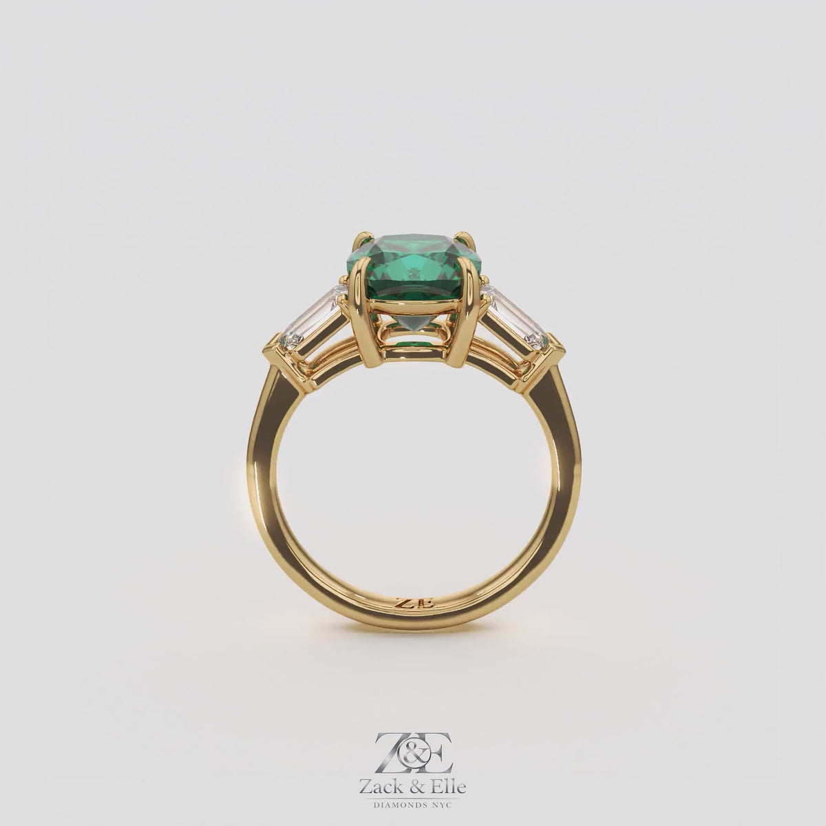 3.10 Ct Cushion Cut Green Emerald and Diamond Ring, in yellow gold, 360 spin