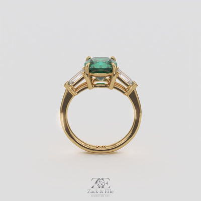 3.10 Ct Cushion Cut Green Emerald and Diamond Ring, in yellow gold, 360 spin
