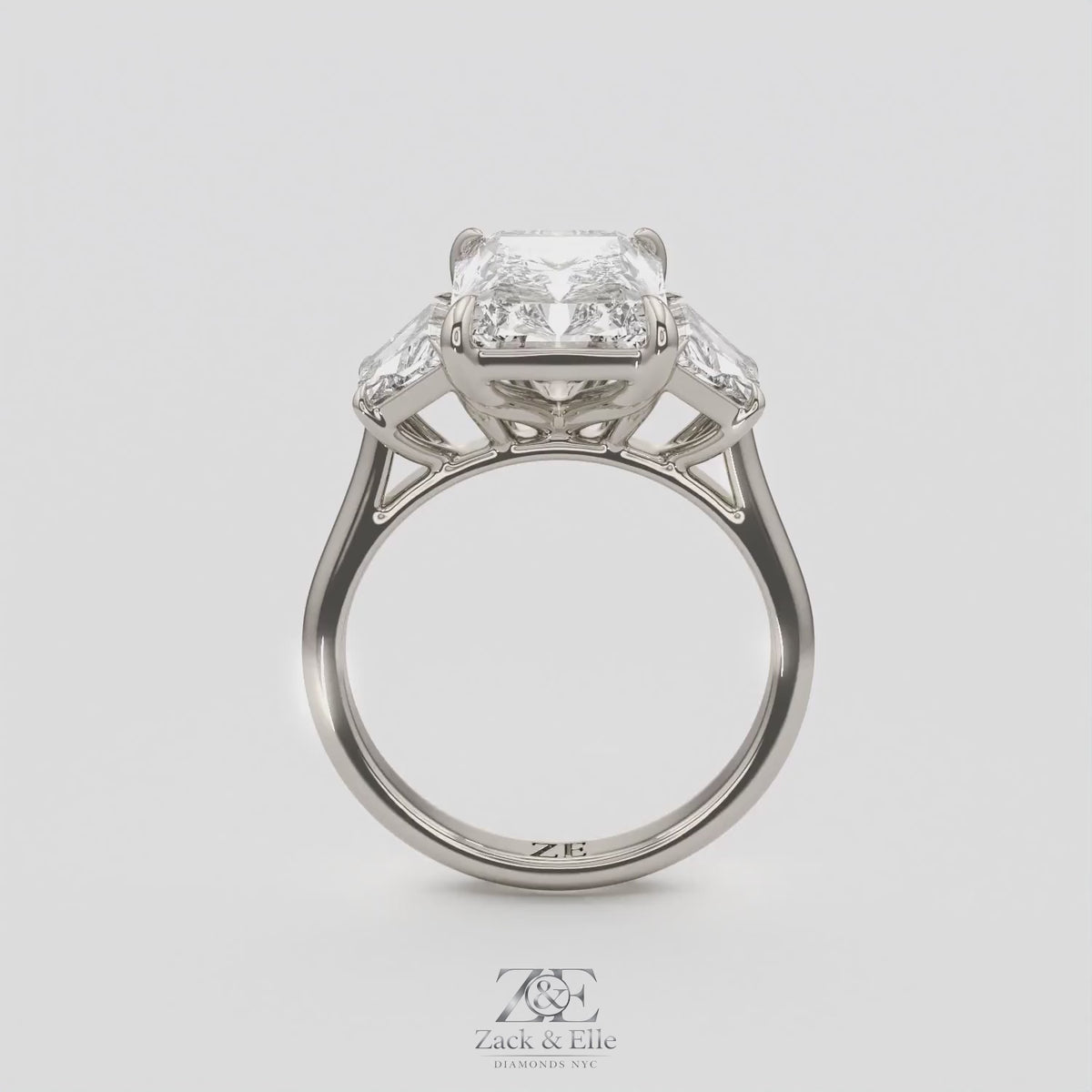 7.25 Ct E VS1 Radiant Cut Lab-Grown Diamond Three Stone Ring With Trapezoid Accents, in white gold, 360 spin