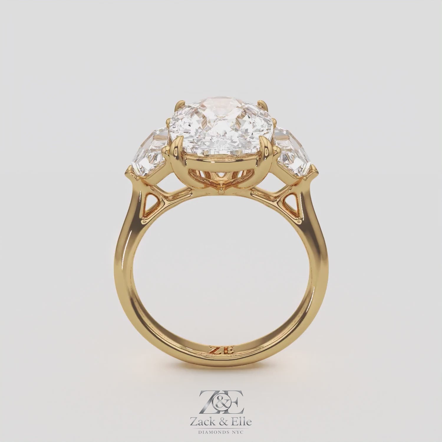 7.00 Ct F VS1 Cushion 3 Stone Ring With Brilliant Cut Trapezoid Accents, in white gold, 360 spin