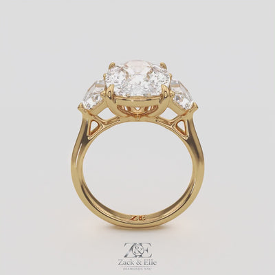 7.00 Ct F VS1 Cushion 3 Stone Ring With Brilliant Cut Trapezoid Accents, in white gold, 360 spin