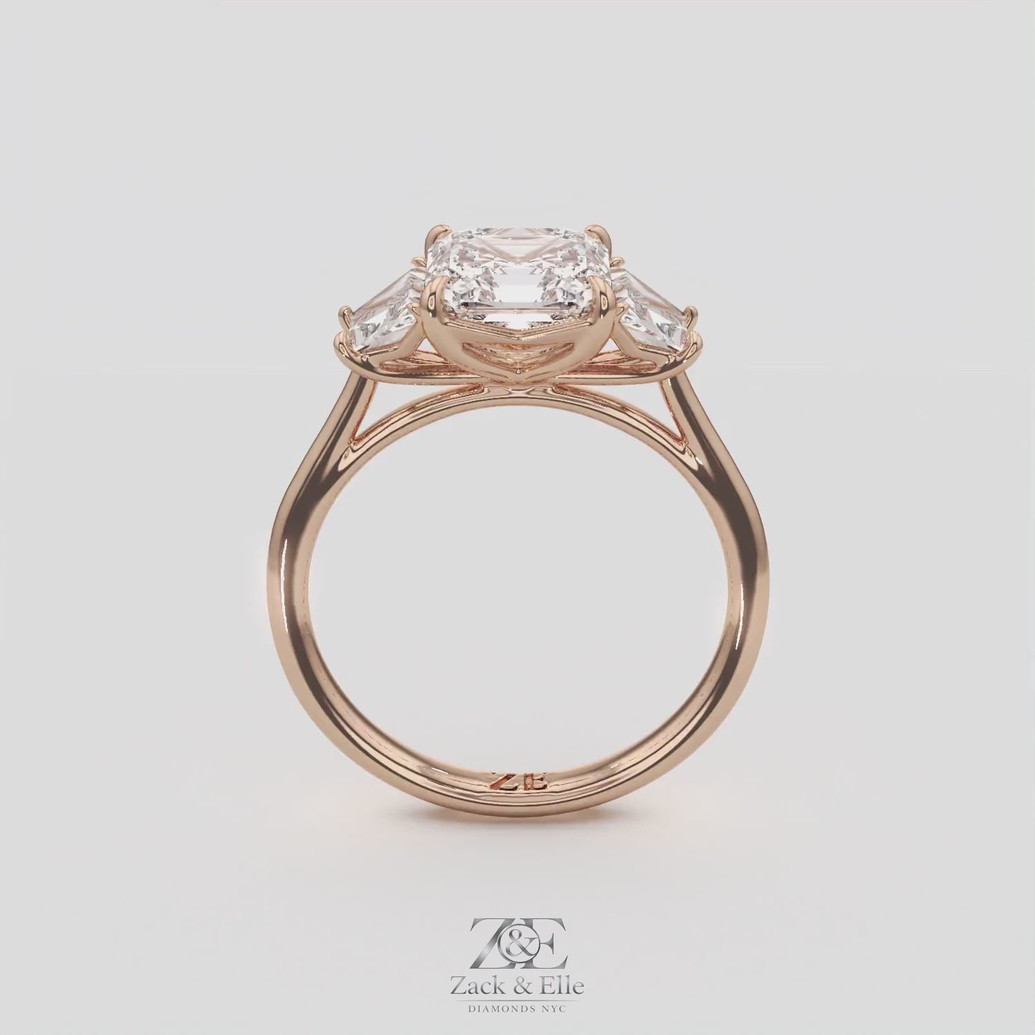 2.50 Ct D VS1 Asscher Cut Three Stone Ring With Step Cut Trapezoid Accents, in white gold, 360 spin