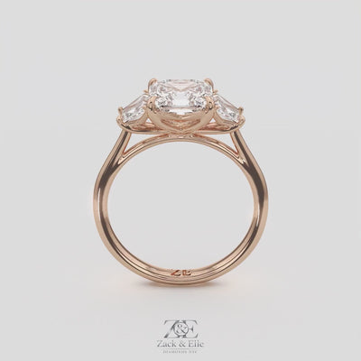 2.50 Ct D VS1 Asscher Cut Three Stone Ring With Step Cut Trapezoid Accents, in white gold, 360 spin