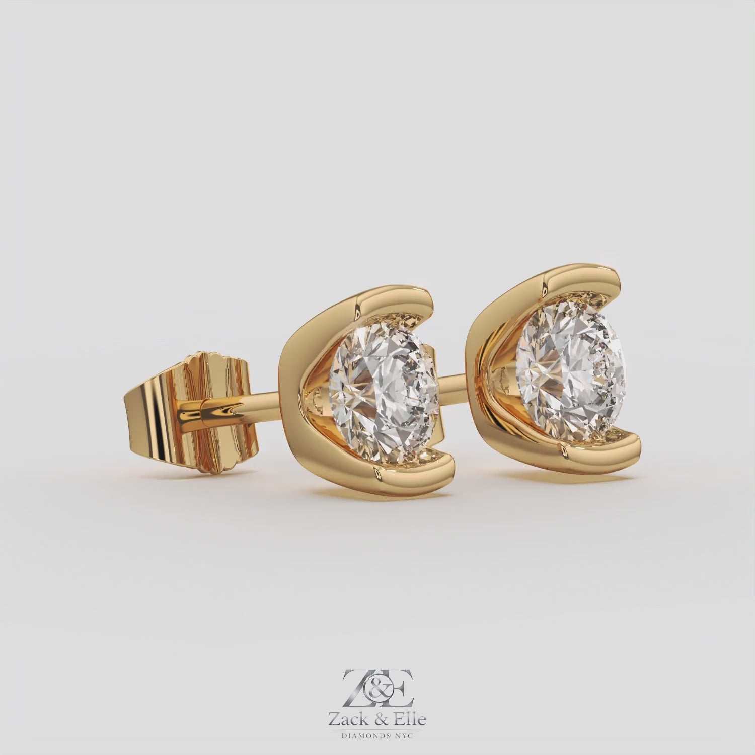 2.00 Ct D VS1 Round Semi Bezel Diamond Studs, in yellow gold, 360 spin