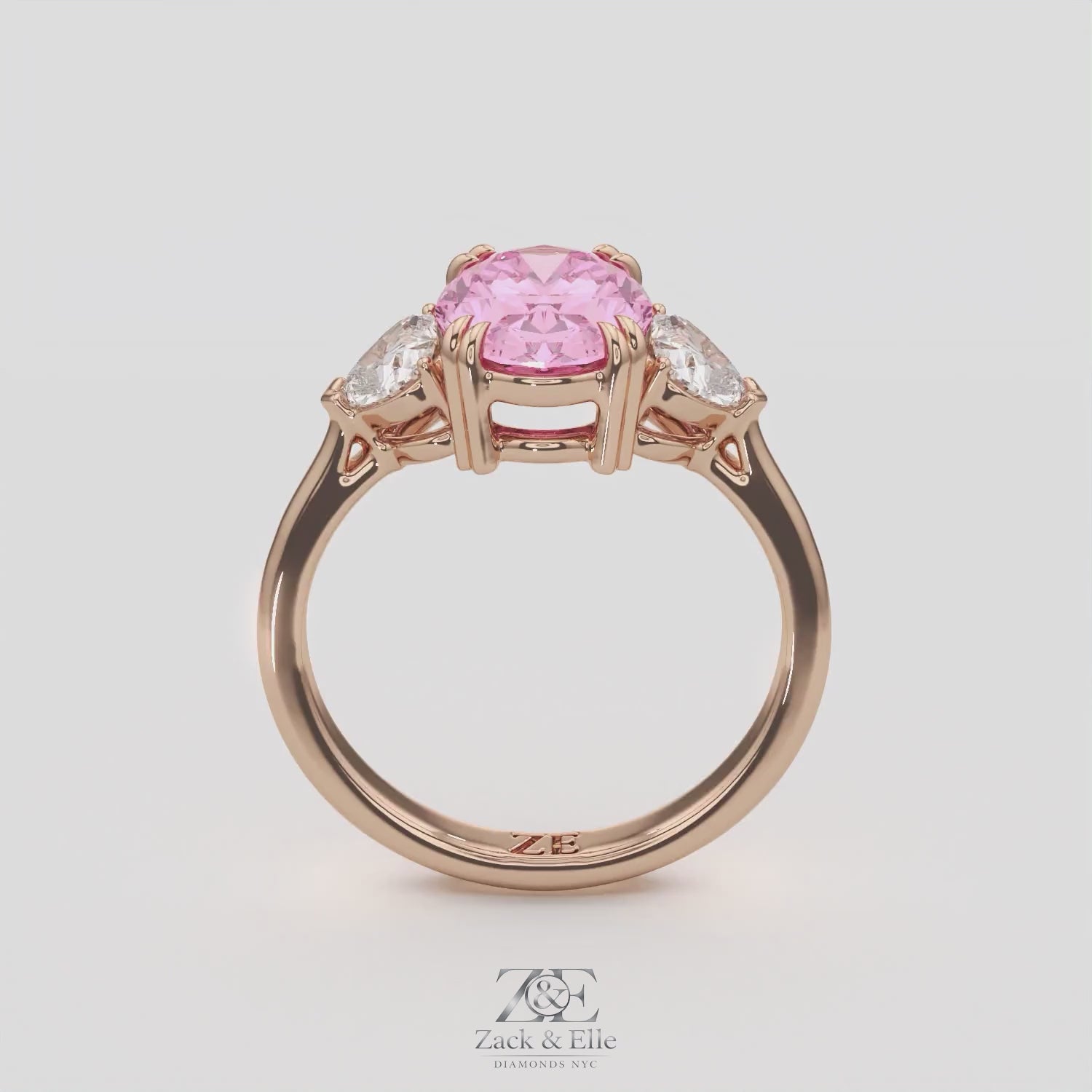 2.40 Ct Fancy Pink VS2 Oval 3 Stone Ring With Heart Shaped Accents, in white gold, 360 spin