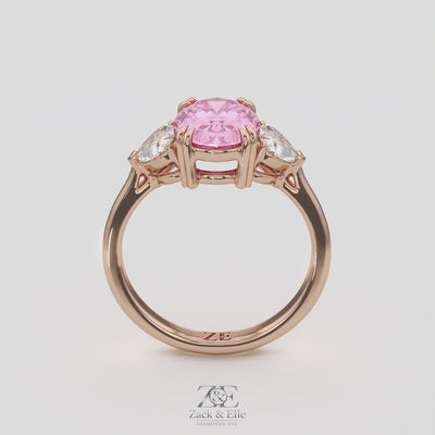 2.40 Ct Fancy Pink VS2 Oval 3 Stone Ring With Heart Shaped Accents, in white gold, 360 spin