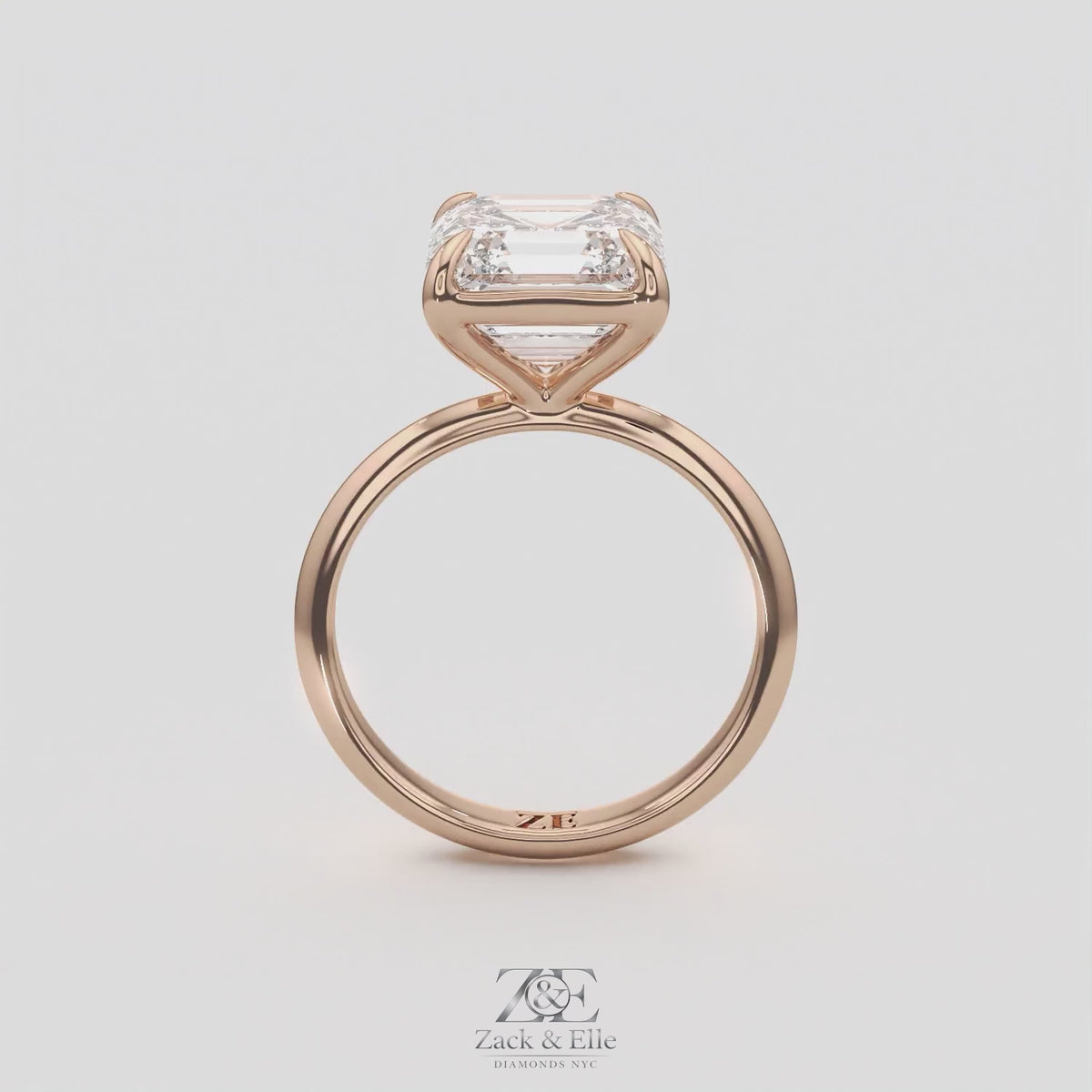 4.00 Ct E VS1 Asscher Cut Lab-Grown Diamond Solitaire Ring, in rose gold, 360 spin