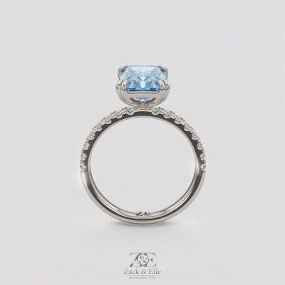 3.30 Ct Fancy Vivid Blue VS2 Radiant Lab-Grown Diamond Ring with Round Accents, in white gold, 360 spin