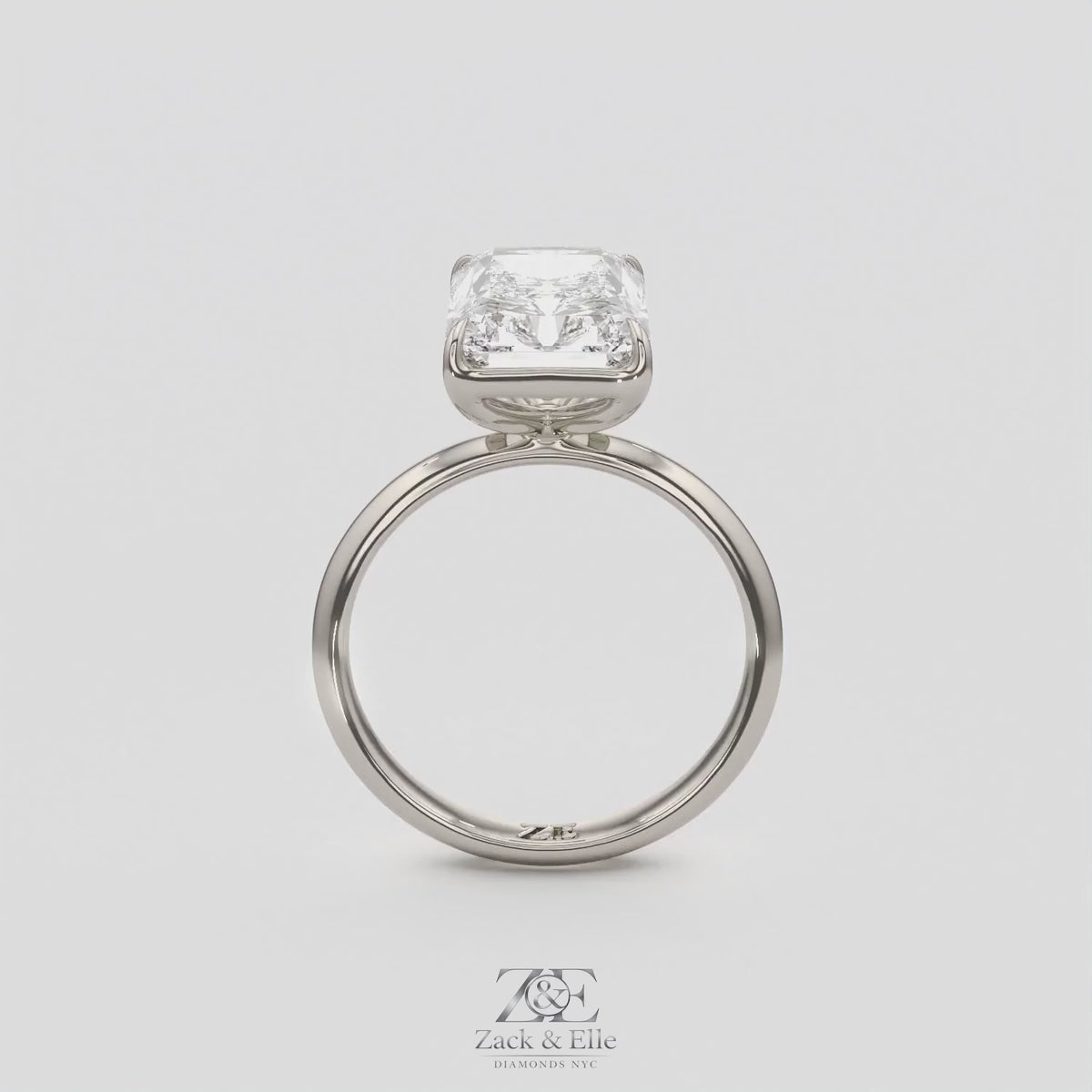 4.00 Ct E VS1 Radiant Cut Lab-Grown Diamond Solitaire Ring, in white gold, 360 spin