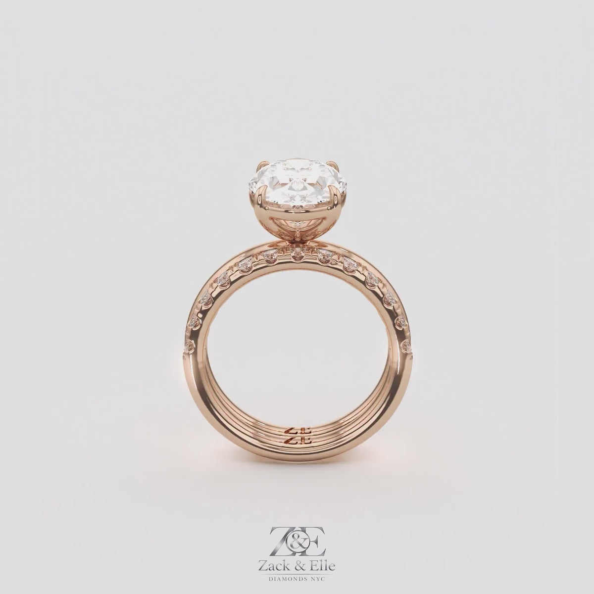 3.50 Ct D VS1 Oval Lab-Grown Diamond Solitaire with Diamond Band, in rose gold, 360 spin