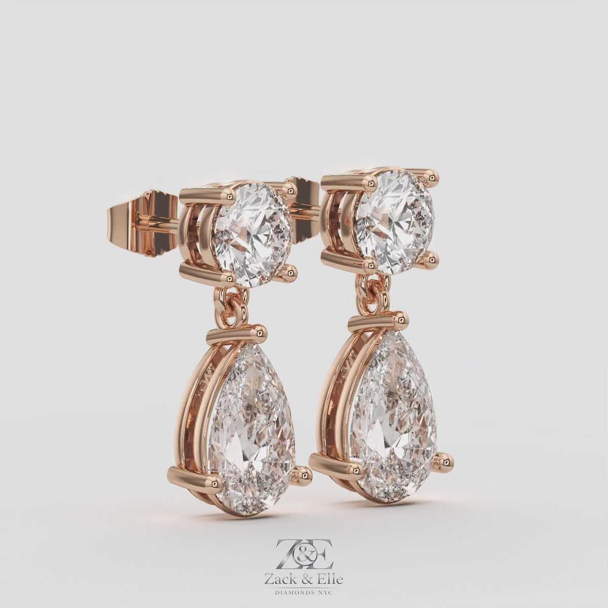 6.00 Ct D VS1 Round & Pear Lab-Grown Diamond Drop Earrings, in rose gold, 360 spin
