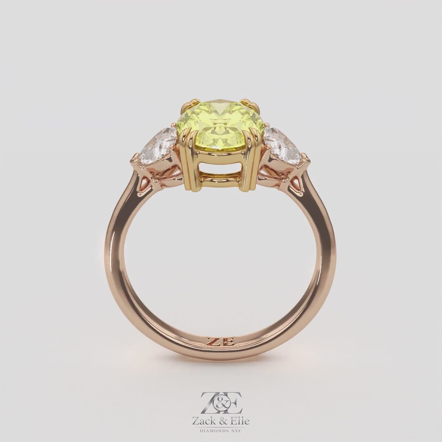 2.40 Ct Fancy Yellow VS2 Oval 3 Stone Ring With Heart Shaped Accents, in white gold, 360 spin