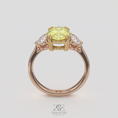 2.40 Ct Fancy Yellow VS2 Oval 3 Stone Ring With Heart Shaped Accents, in white gold, 360 spin