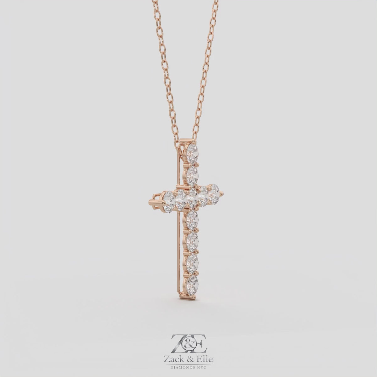 11.00 Ct D VS1 Round Lab-Grown Diamond Cross Pendant, in rose gold, 360 spin