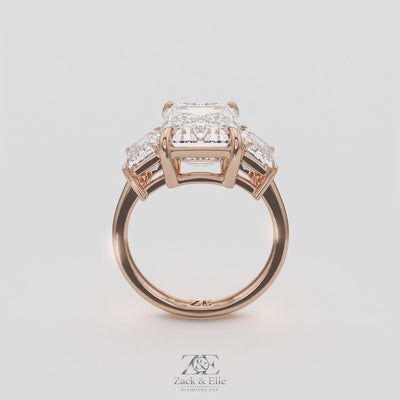 8.00 Ct E VS1 Emerald Cut Lab Grown Diamond Three Stone Ring, in rose gold, 360 spin