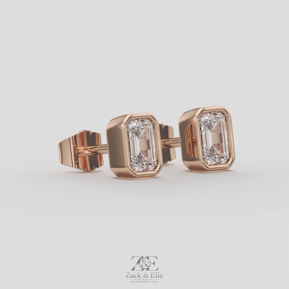 2.00 Ct E VS1 Emerald Cut Full Bezel Lab Grown Diamond Studs, in rose gold, 360 spin