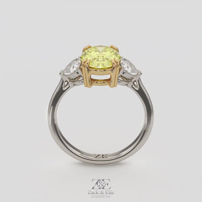 2.40 Ct Fancy Yellow VS2 Oval 3 Stone Ring With Heart Shaped Accents, in white gold, 360 spin