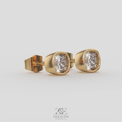 2.00 Ct E VS1 Cushion Cut Full Bezel Diamond Studs, in yellow gold, 360 spin