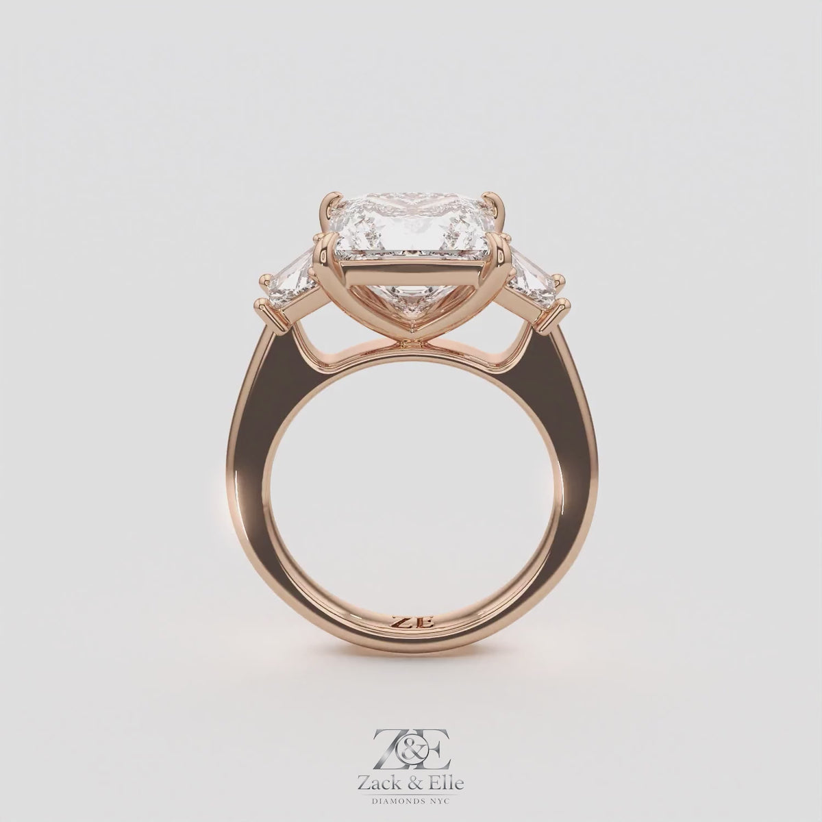 4.60 Ct E VS1 Princess Cut Lab-Grown Diamond Three Stone Ring with Trapezoid Accents, in rose gold, 360 spin