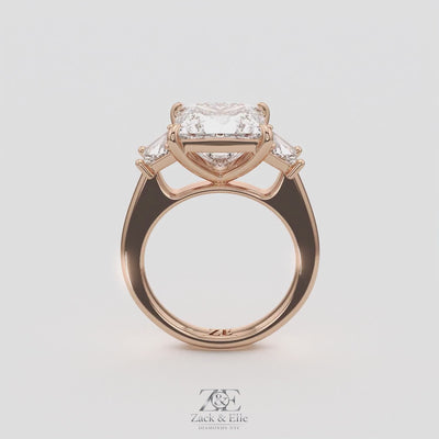 4.60 Ct E VS1 Princess Cut Lab-Grown Diamond Three Stone Ring with Trapezoid Accents, in rose gold, 360 spin