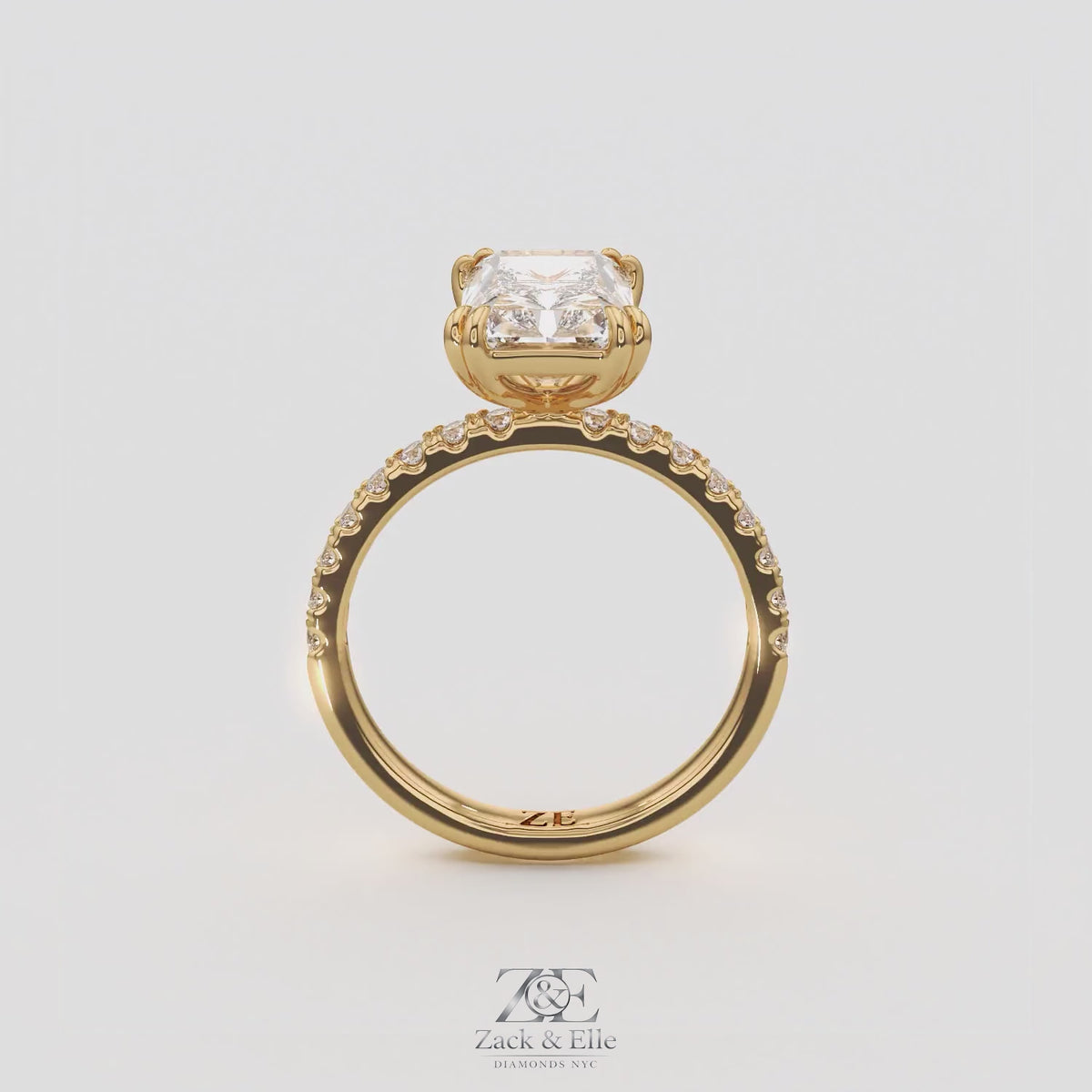 3.30 Ct D VS1 Radiant Lab-Grown Diamond Ring with Round Accents, in yellow gold, 360 spin