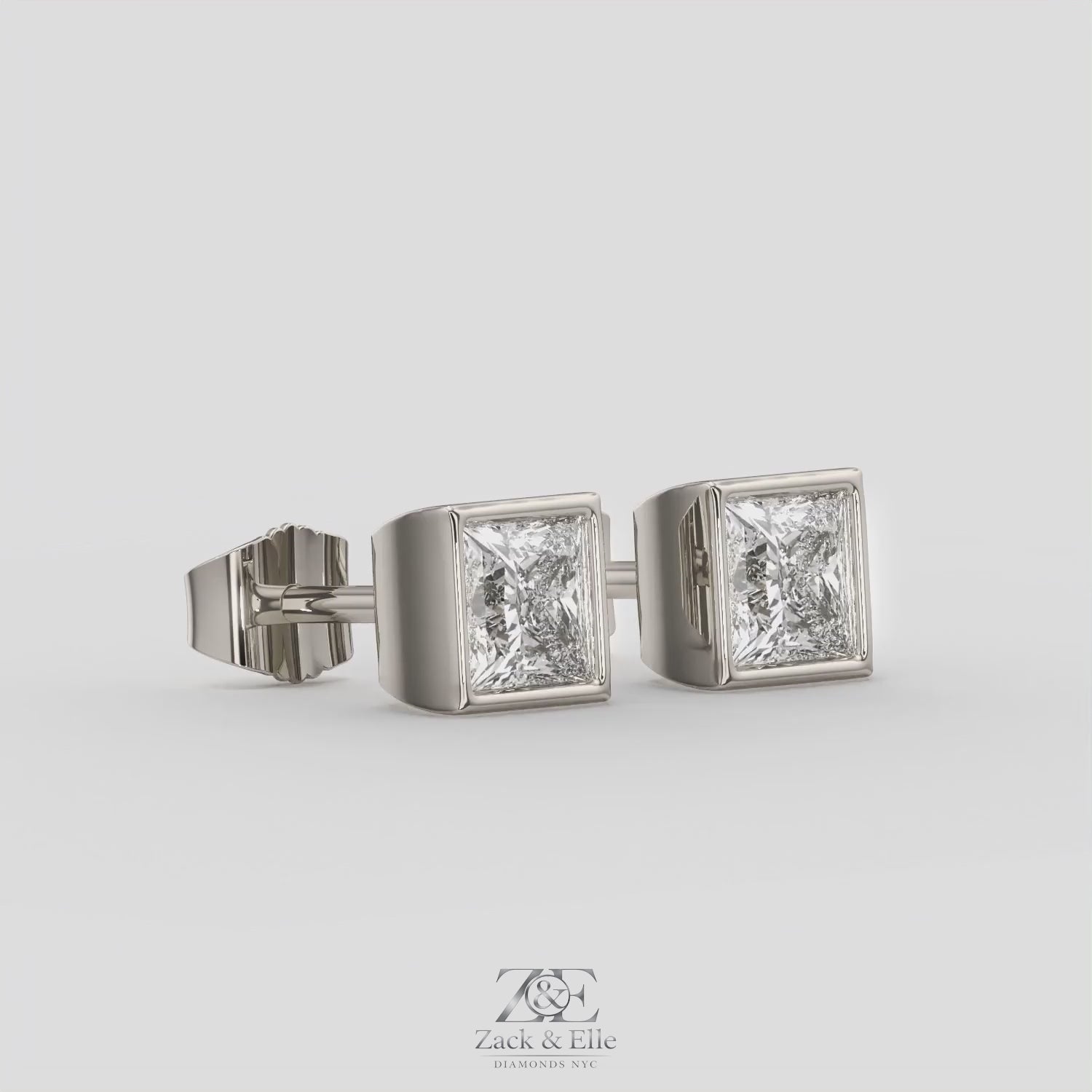 2.00 Ct E VS1 Princess Cut Full Bezel Diamond Studs, in white gold, 360 spin
