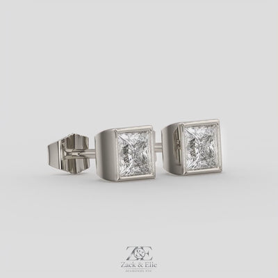 2.00 Ct E VS1 Princess Cut Full Bezel Diamond Studs, in white gold, 360 spin