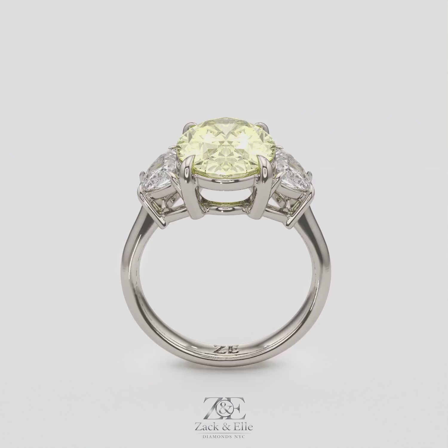 5.70 Ct Fancy Intense Yellow Oval Diamond Three Stone Ring With Half Moon Accents, in white gold, 360 spin