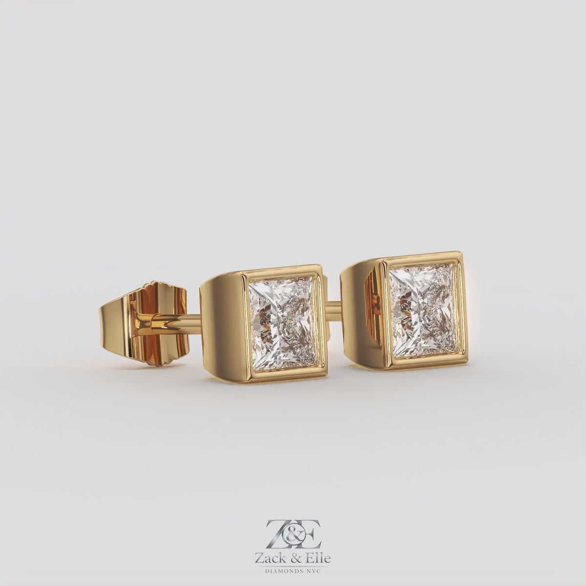 2.00 Ct E VS1 Princess Cut Full Bezel Diamond Studs, in yellow gold, 360 spin