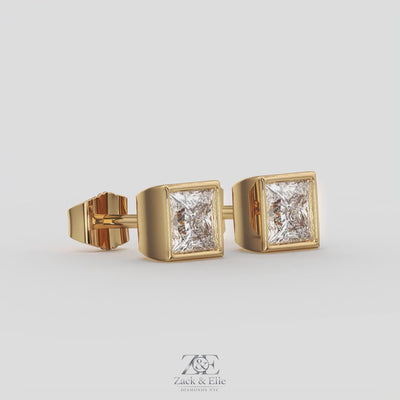 2.00 Ct E VS1 Princess Cut Full Bezel Diamond Studs, in yellow gold, 360 spin