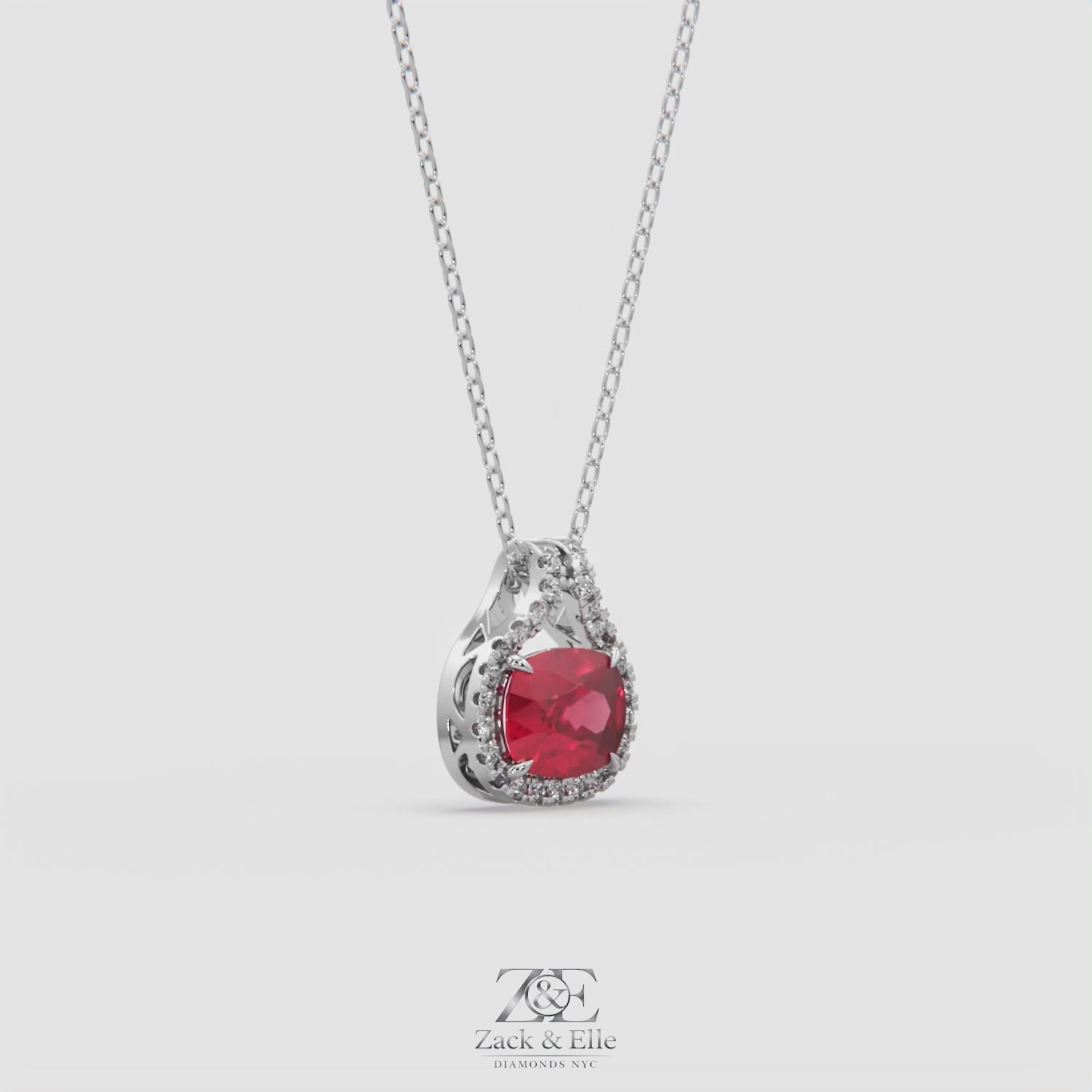 2.20 Ct Cushion Ruby Diamond East West Pendant, in white gold, 360 spin
