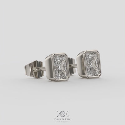 2.00 Ct E VS1 Radiant Cut Full Bezel Diamond Studs, in white gold, 360 spin