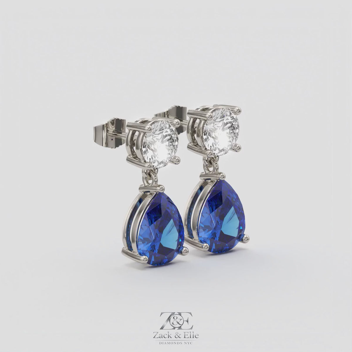 6.00 Ct Blue Sapphire and Lab-Grown Diamond Drop Earrings, in white gold, 360 spin