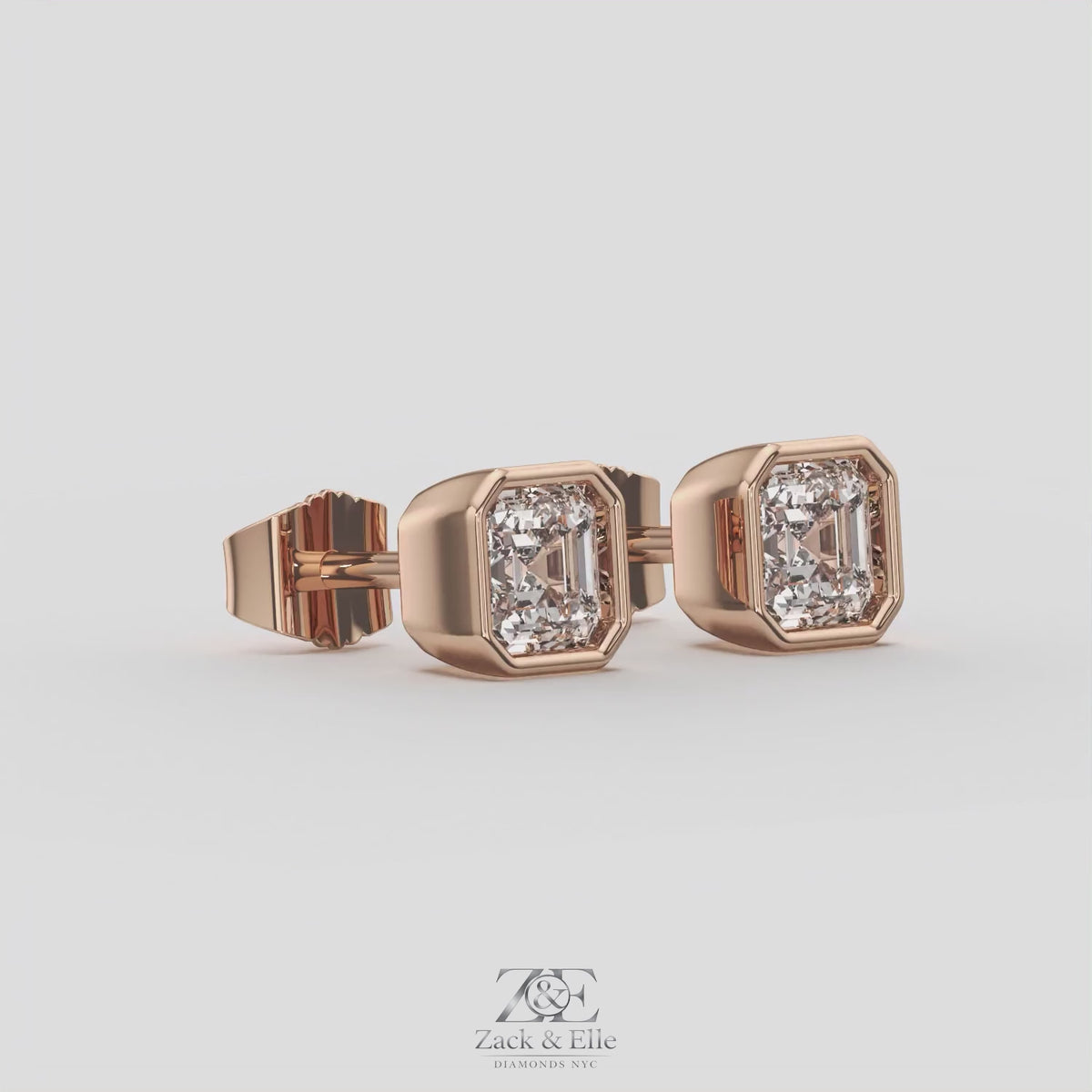 2.00 Ct E VS1 Asscher Cut Full Bezel Diamond Studs, in rose gold, 360 spin