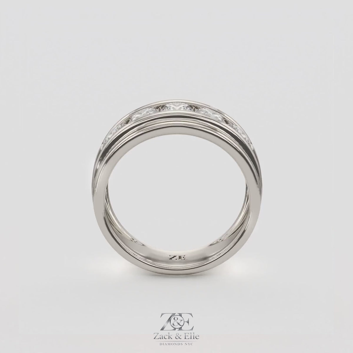 2.00 Ct D-E VS1 Round Lab-Grown Diamond Men's Channel Set Wedding Band, in white gold, 360 spin