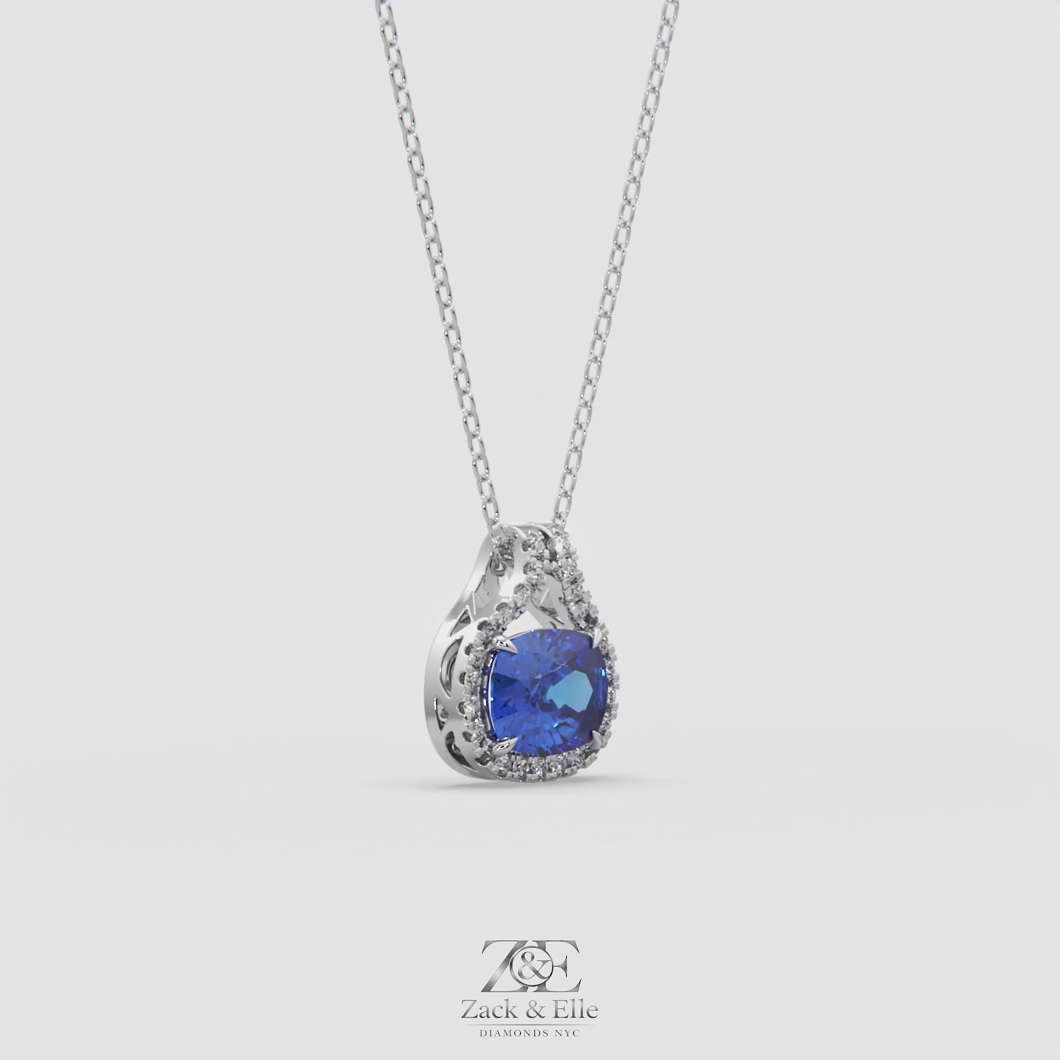 2.20 Ct Cushion Blue Sapphire Diamond East West Pendant, in white gold, 360 spin