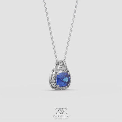 2.20 Ct Cushion Blue Sapphire Diamond East West Pendant, in white gold, 360 spin
