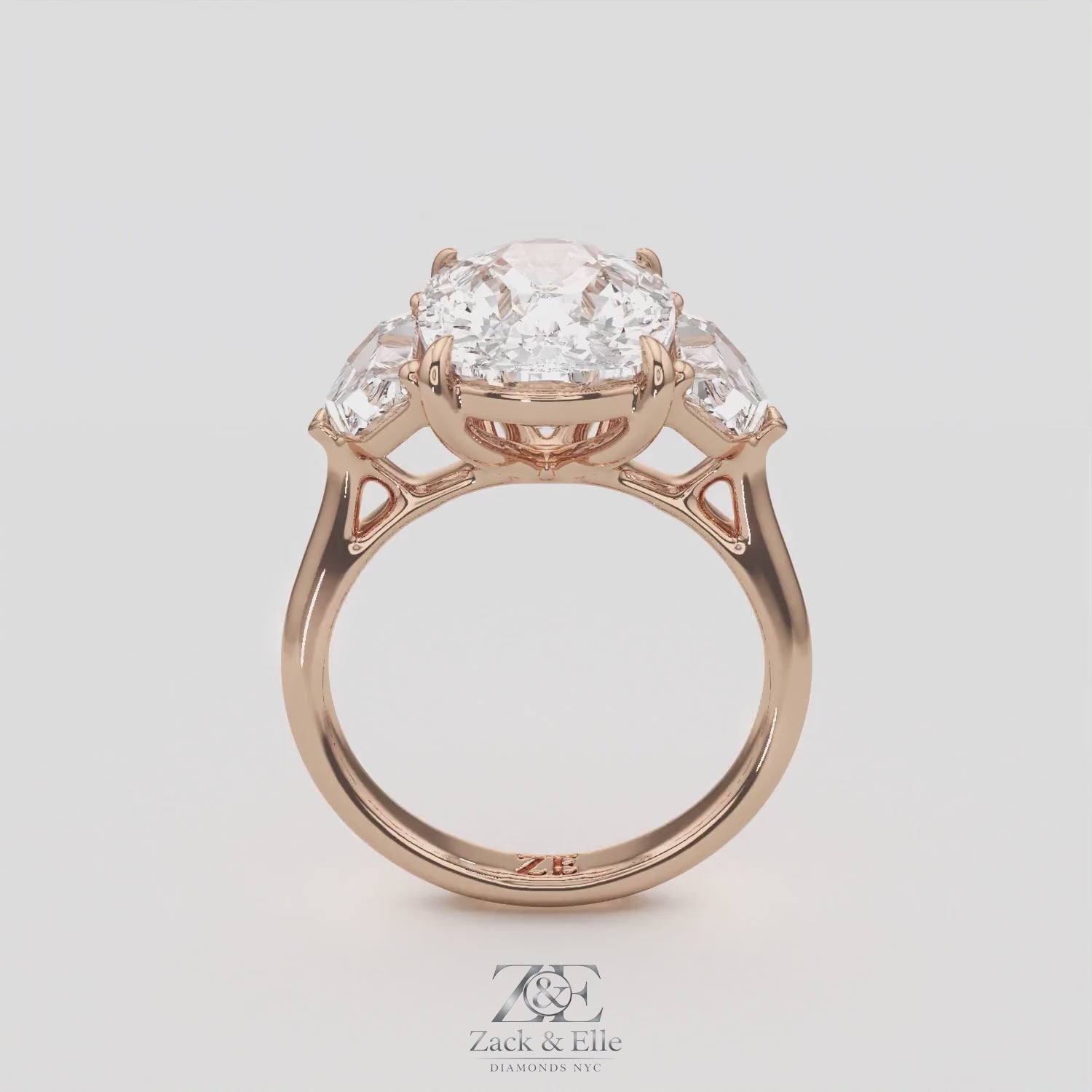 7.00 Ct F VS1 Cushion 3 Stone Ring With Brilliant Cut Trapezoid Accents, in white gold, 360 spin