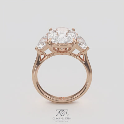 7.00 Ct F VS1 Cushion 3 Stone Ring With Brilliant Cut Trapezoid Accents, in white gold, 360 spin