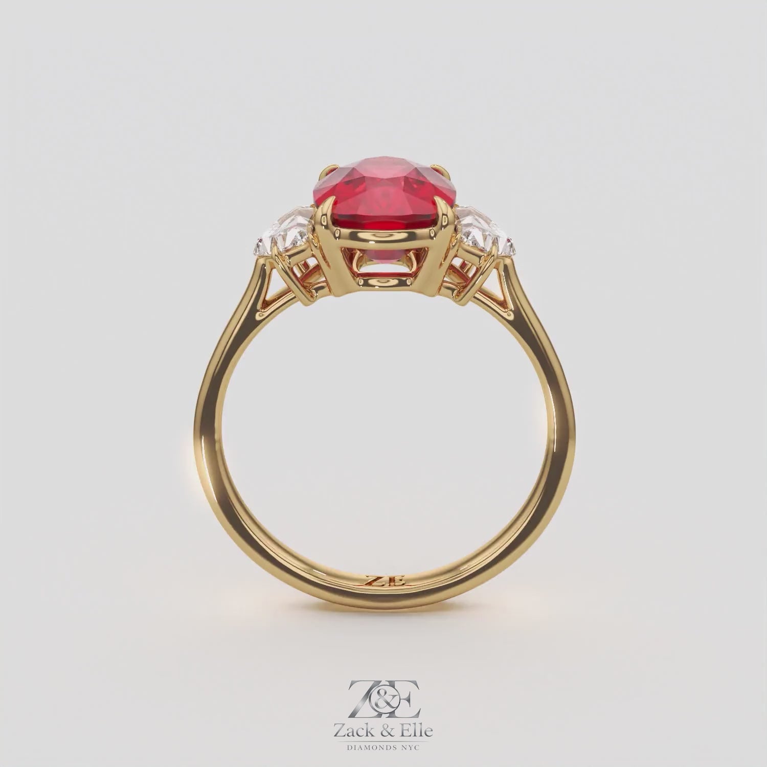 4.00 Ct Cushion Red Ruby and Diamond Three Stone Ring, in yellow gold, 360 spin
