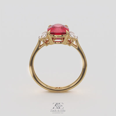 4.00 Ct Cushion Red Ruby and Diamond Three Stone Ring, in yellow gold, 360 spin