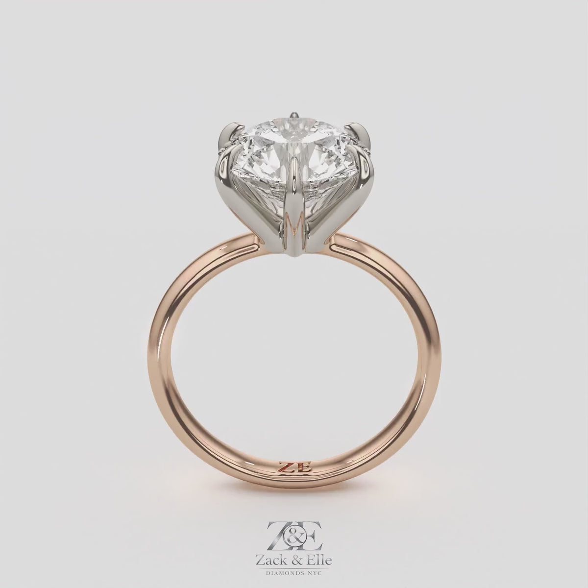4.05 Ct E VVS2 Round Brilliant Lab-Grown Diamond Solitaire Ring, in rose gold, 360 spin