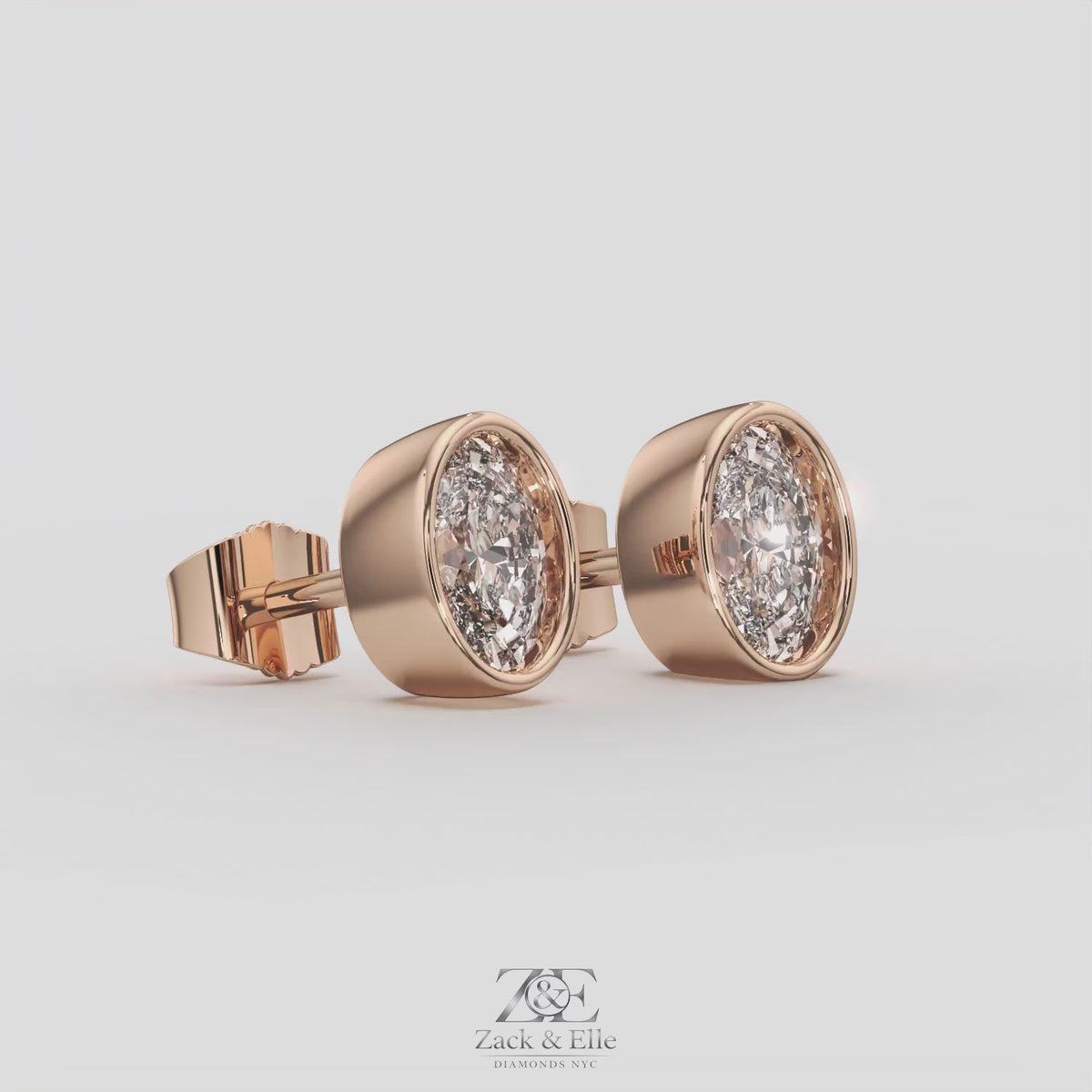 2.00 Ct E VS1 Oval Cut Full Bezel Diamond Studs, in rose gold, 360 spin
