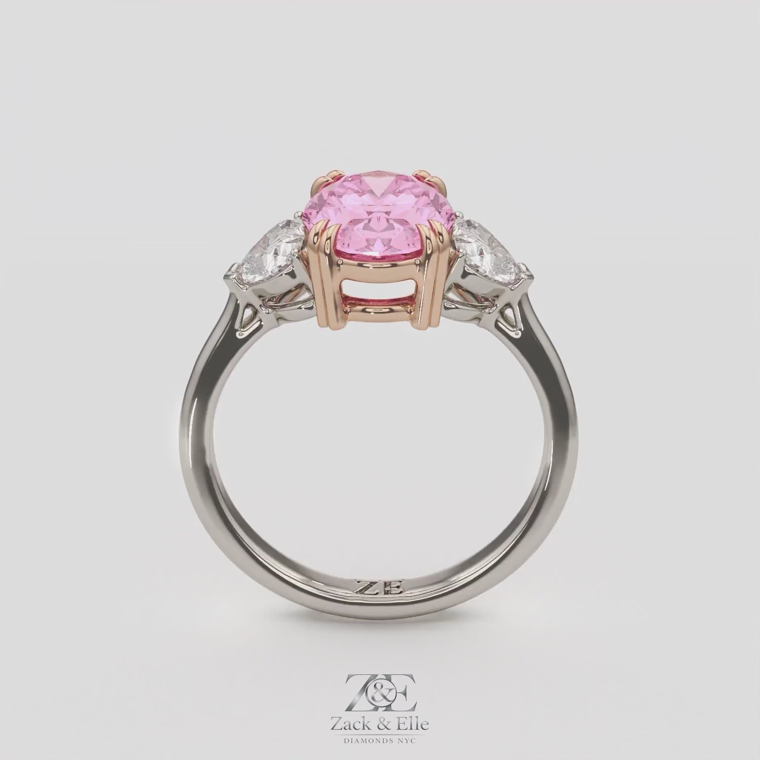 2.40 Ct Fancy Pink VS2 Oval 3 Stone Ring With Heart Shaped Accents, in white gold, 360 spin