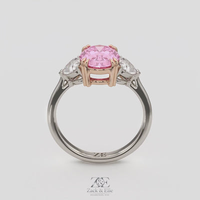 2.40 Ct Fancy Pink VS2 Oval 3 Stone Ring With Heart Shaped Accents, in white gold, 360 spin