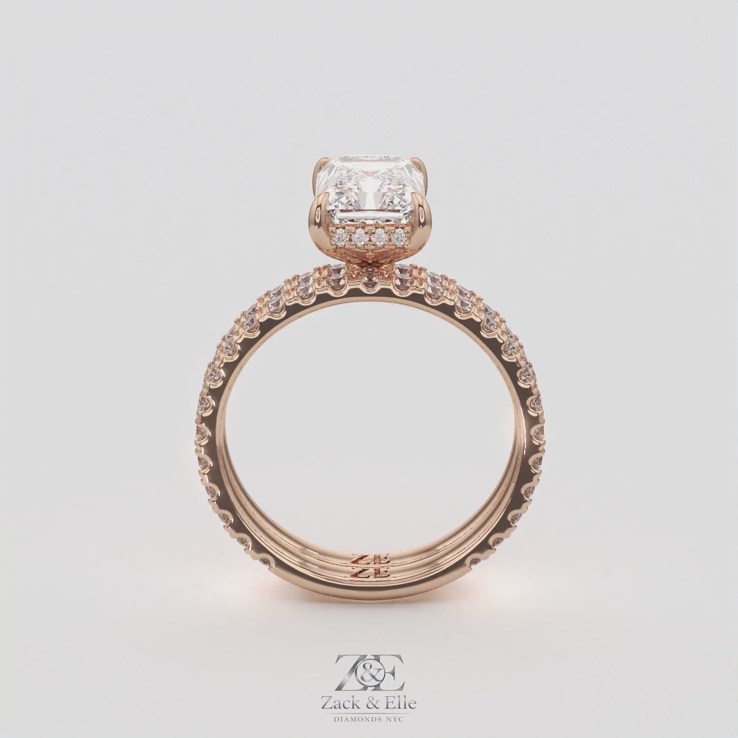 3.00 Ct E VS1 Radiant Diamond Halo Engagement Ring with Matching Band, in rose gold, 360 spin