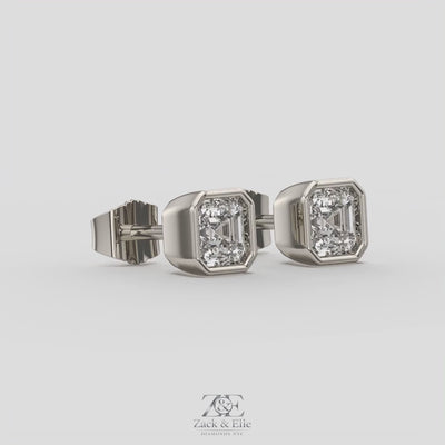 2.00 Ct E VS1 Asscher Cut Full Bezel Diamond Studs, in white gold, 360 spin